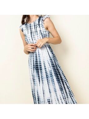 THML Asher Midi Tie Dye Smocked Ruffle Sleeve Dress Blue White Button Back XS